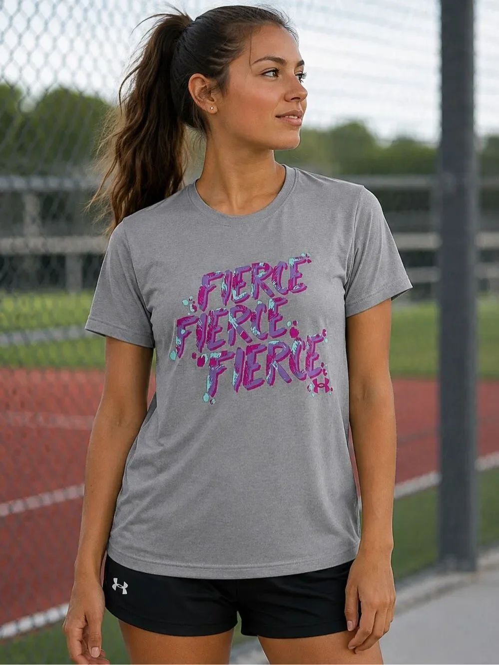 Under Armour HeatGear Fierce Graphic Athletic T Shirt Youth Girls YXL Gray Pink